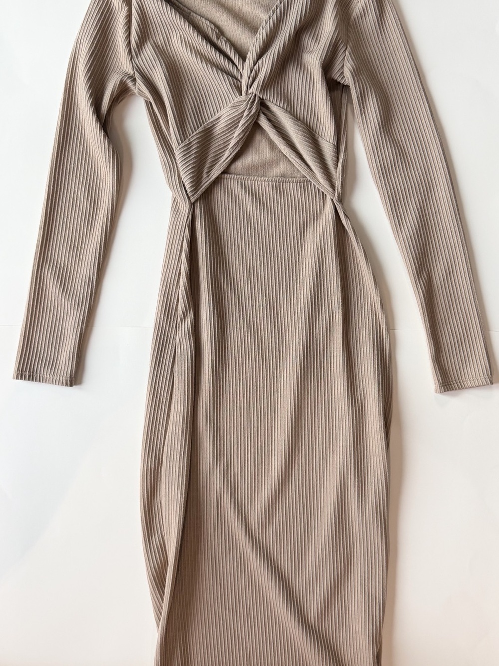 Ribbed Twist-Front Long Sleeve Midi Dress in Taupe